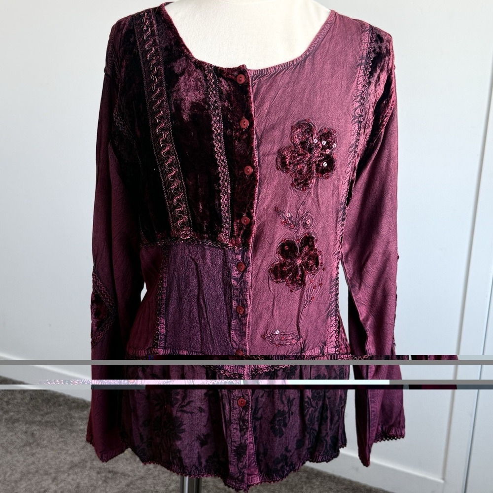 Renaissance Gypsy Embroidered Velvet Blouse Top L Dark Romantic Ren Faire Pirate
